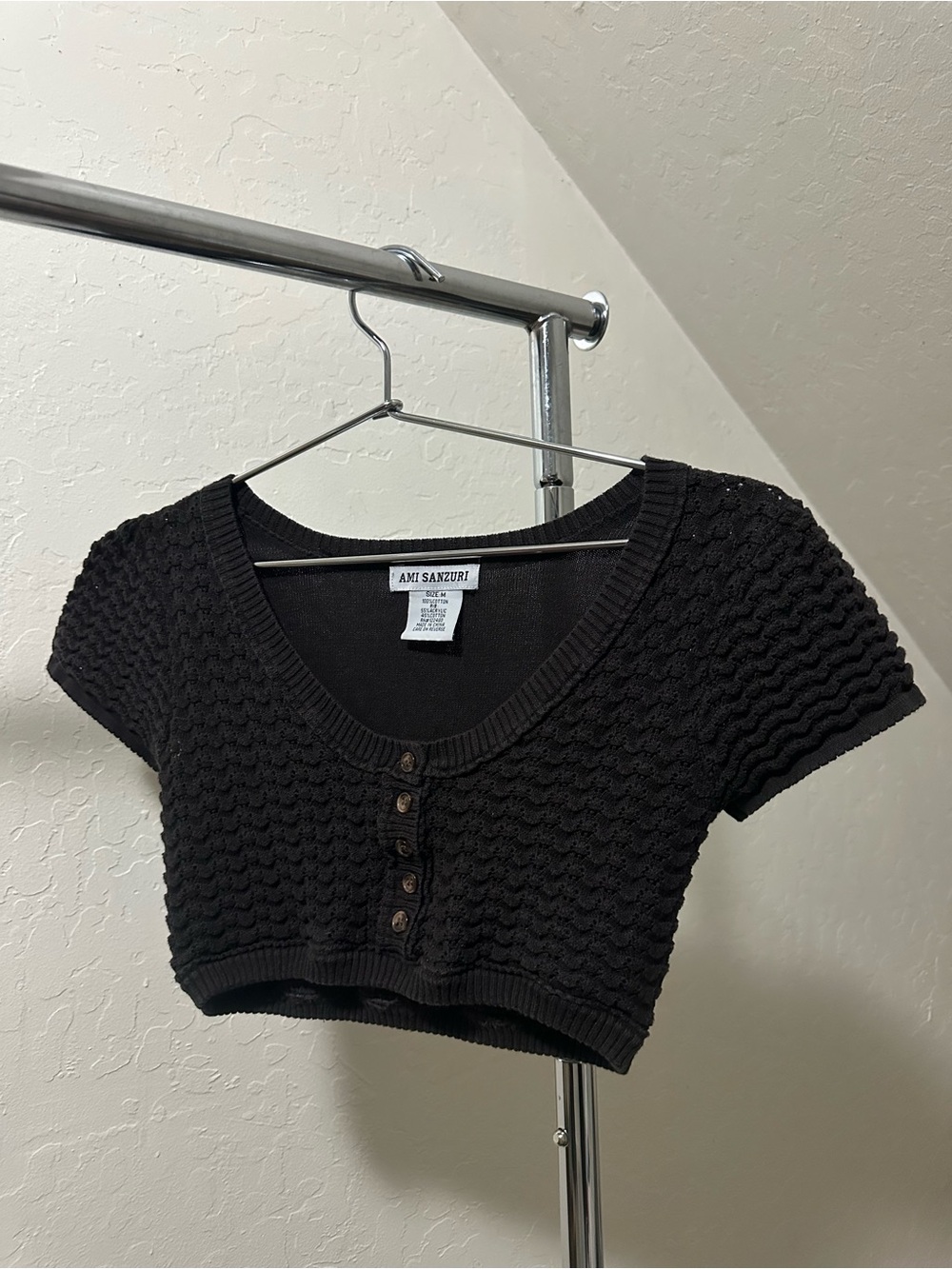 Black Textured Short-Sleeve Crop Top
